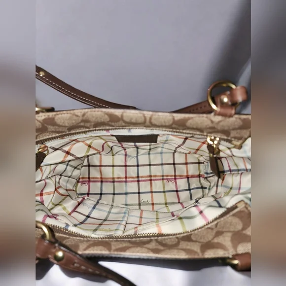 Coach Brown Signature Stripe Canvas Satchel with Gold Accents - Picture 3 of 7